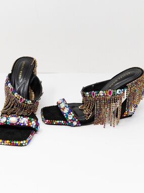 NEW Azalea Wang Spiced Multi Embellished Rhinestone Crystal Fringe High Heels